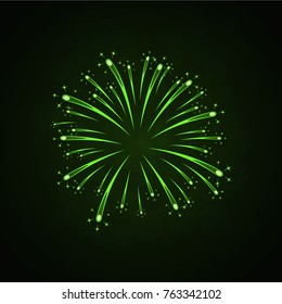 Beautiful green firework. Bright firework isolated on black background. Light green decoration firework for Christmas, New Year celebration, holiday, festival, birthday card Vector illustration