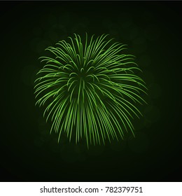 Beautiful green firework. Bright firework isolated on black background. Light green decoration firework for Christmas, New Year celebration, holiday, festival, birthday card Vector illustration