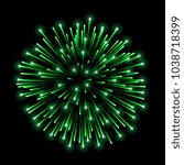 Beautiful green firework. Bright salute isolated on black background. Light decoration firework for Christmas, New Year celebration, holiday, festival, birthday card Vector illustration