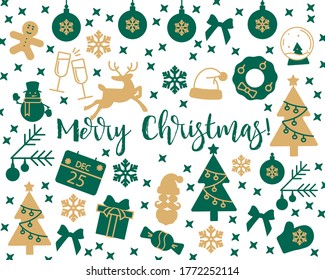 bello fondo verde y dorado con patrones de divertidas fotos festivas y texto Feliz Navidad con tarjeta blanca