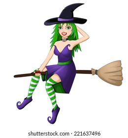 Beautiful green haired witch flying on a broomstick isolated on white background 