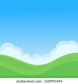 Beautiful green hills with blue sky and grass vector illustration. Summer background.