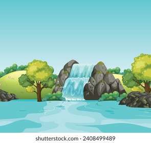 Beautiful green hills vector illustration with big tree and mountains row on the horizon. Summer landscape of countryside rolling hills.Lush Meadow scenery in summer day.