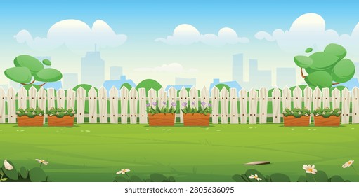 Beautiful green lawn backyard with flower wooden boxes and wooden fence. Vector cartoon illustration
