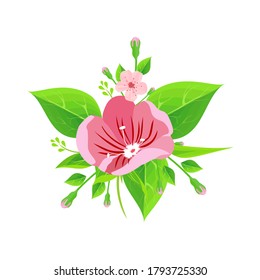 Beautiful green leaves and flowers. Vector illustration