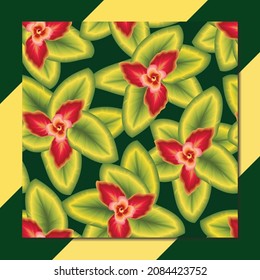 beautiful green leaves seamless tropical pattern with abstract red flowers plants on dark green background drawing. vector design. colorful illustration jungle foliage in one frame. prints texture 