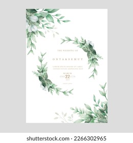 beautiful green leaves watercolor wedding invitation card template
