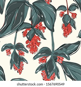 Beautiful green leves and red flowers vintage Floral pattern. Tropical exotic bloom botanical Motifs vertical print. Seamless vector texture fashion prints in vector