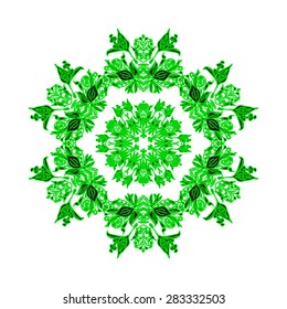 Beautiful green mandala floral round ornament on white background , design element, greeting card. Vector.