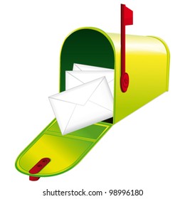 Beautiful green metallic opened mailbox with letters. Vector icon.