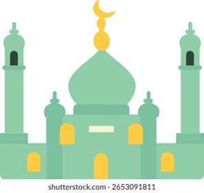 Bela mesquita verde com minaretes gêmeos e símbolo da lua crescente, ideal para o Eid Mubarak, Ramadã ou temas de celebração islâmica.