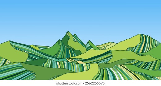 Beautiful Green Mountain Landscape. Line Art Background. Scenic black and white landscape design for fabric, prints, and wall art. Simple line drawing of mountains.