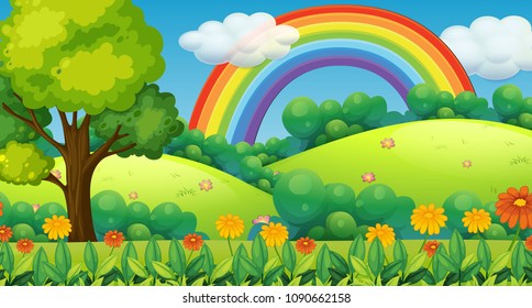 Beautiful Green Mountain and Rainbow illustration