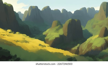 Beautiful Green Mountains Scenery Detailed Hand Drawn Painting Illustration