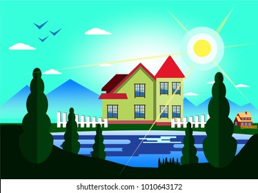 Beautiful green nature with country houses. Concept suburban life. Flat style vector illustration.