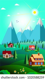 Beautiful green nature with country houses. Concept suburban life. Flat style vector illustration.