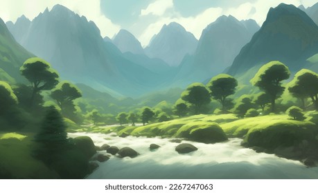 Beautiful Green Nature Mountains and River Scenery Detailed Hand Drawn Painting Illustration
