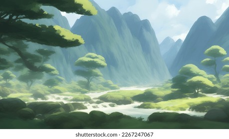 Beautiful Green Nature Mountains and River Scenery Detailed Hand Drawn Painting Illustration