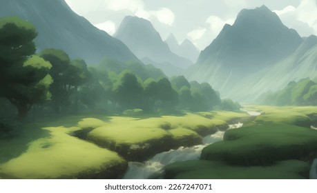 Beautiful Green Nature Mountains and River Scenery Detailed Hand Drawn Painting Illustration