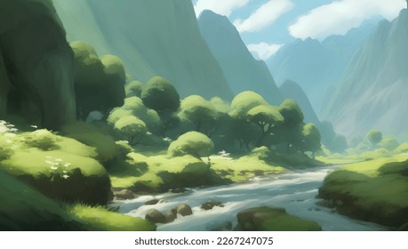Beautiful Green Nature Mountains and River Scenery Detailed Hand Drawn Painting Illustration