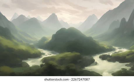 Hermosas montañas verdes de la naturaleza y el paisaje fluvial durante el amanecer o la puesta de sol Dibujo a mano detallado Ilustración de pintura