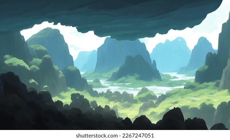 Beautiful Green Nature Scenery with Hills view from Cave Silhouette Detailed Hand Drawn Painting Illustration