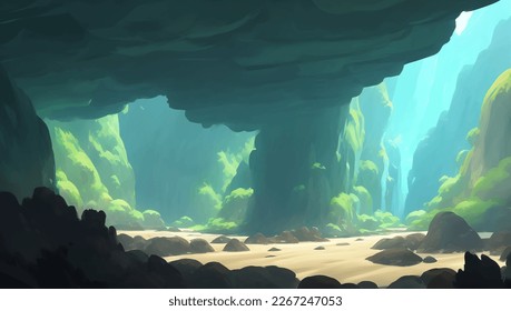 Hermoso paisaje natural verde con colinas vistas de Cave Silhouette Portada de pintura dibujada a mano