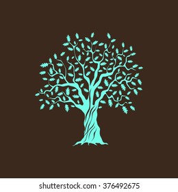 Beautiful green oak tree silhouette on brown background. Infographic modern vector sign. Premium quality illustration logo design concept.