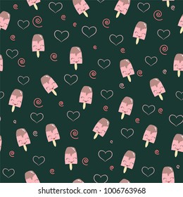 beautiful green pattern with sweet dessert ice cream and hearts, seamless background for St. Valentine's holiday lovers