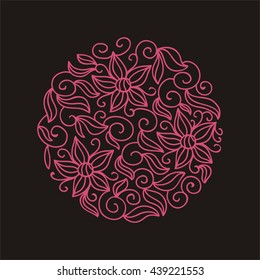 Beautiful green round decorative element of flowers and leaves. Vector illustration.