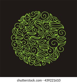 Beautiful green round decorative element of leaves. Vector illustration.