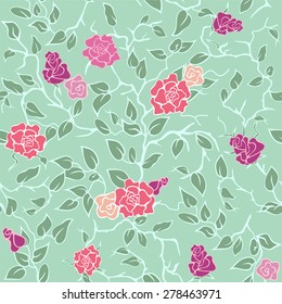Beautiful green seamless background with intertwining branches, leaves and vinous and pink roses