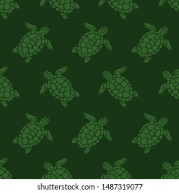 Beautiful green seamless pattern with funny turtle silhouettes