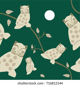  Beautiful green seamless pattern with Owl on tree. for wallpaper , textile, Curtain or Fairy tale book cover  