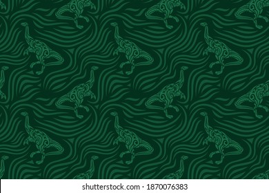 Beautiful green seamless pattern with tribal dinosaur silhouette on the dark background