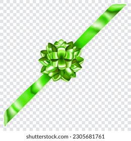 Beautiful green shiny bow with diagonally ribbon with shadow on transparent background