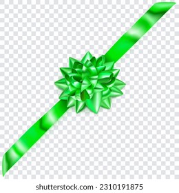 Beautiful green shiny bow with diagonally ribbon with shadow on transparent background