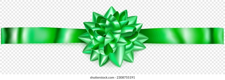 Beautiful green shiny bow with horizontal ribbon with shadow on transparent background
