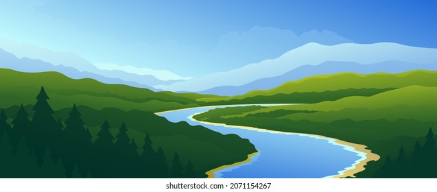 Beautiful green spring landscape. Flowing river through grassy hills and mountains background.