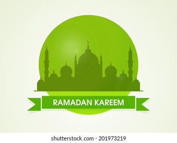Beautiful green sticky with mosque and ribbon on abstract background for holy month of Muslim community Ramadan Kareem. 
