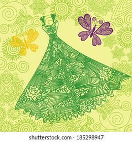 Beautiful green summer dress butterflies nature floral pattern background vector illustration