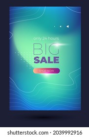 beautiful green template with blurred background and wavy thin lines and lettering big sale and pink button