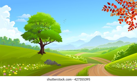 A beautiful green tree along a road across lush grasslands