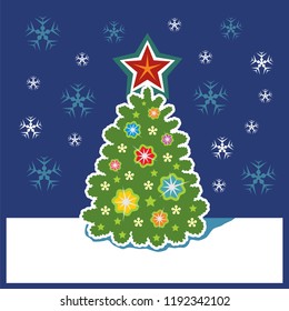 The beautiful green tree is decorated. Against a dark background snowflakes Fall. Festive mood.