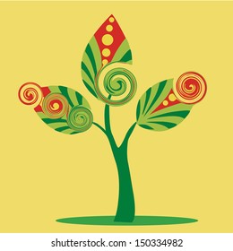 a beautiful green tree with three green leafs composed by green and red forms