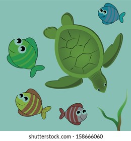 a beautiful green turtle swimming with colorful fishes