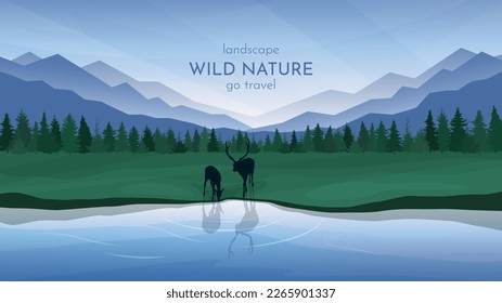 A beautiful green valley, dense forest and mountains in the distance. Two deer on the river bank. Warm sunny summer day, clear sky. Vector illustration.