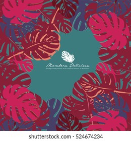 Beautiful, Green, Waxy Leaves with Room for Text (Monstera Deliciosa). Can be used for wallpaper, pattern fills, textile, web page background, surface textures. Vector illustration.
