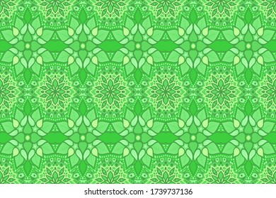 Beautiful green web background with decorative floral seamless pattern