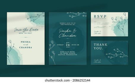 Beautiful Green Wedding Invitation with Handrawn Flower Line Art Ornaments